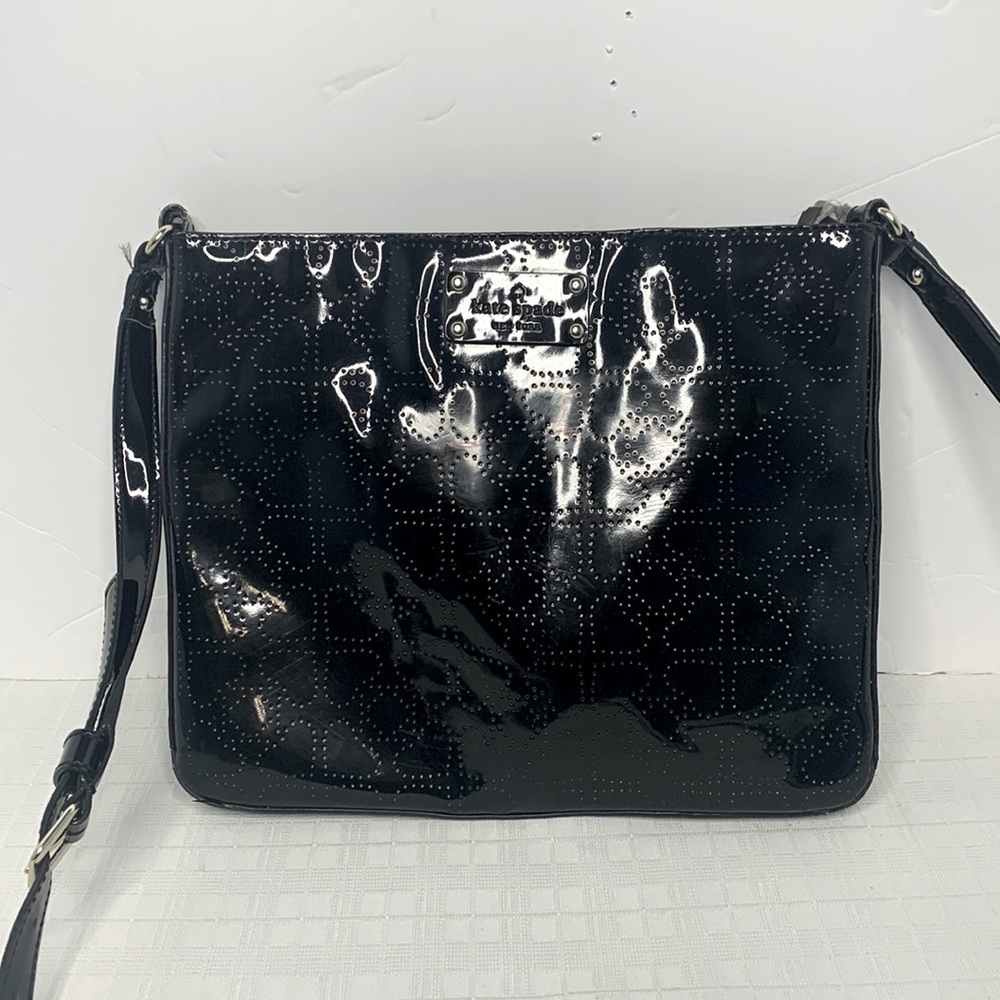 Kate Spade ♠️ 
Darby Metro Perforated Hearts Black Patent Leather Cross Body Bag